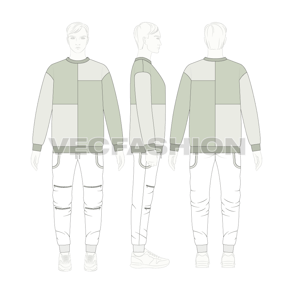 Mens color blocked sweatshirt flat sketch, croqui sketch