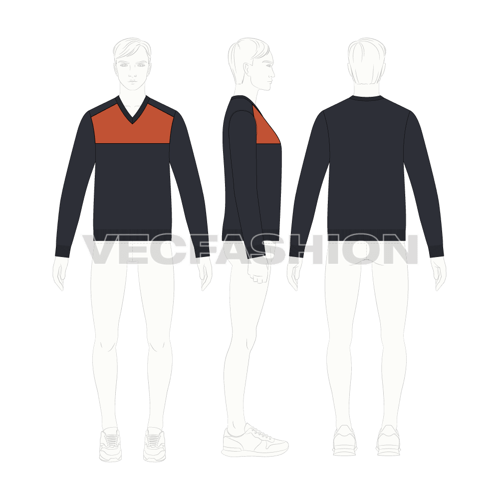 Mens color blocked v neck sweater flat sketch, croqui sketch