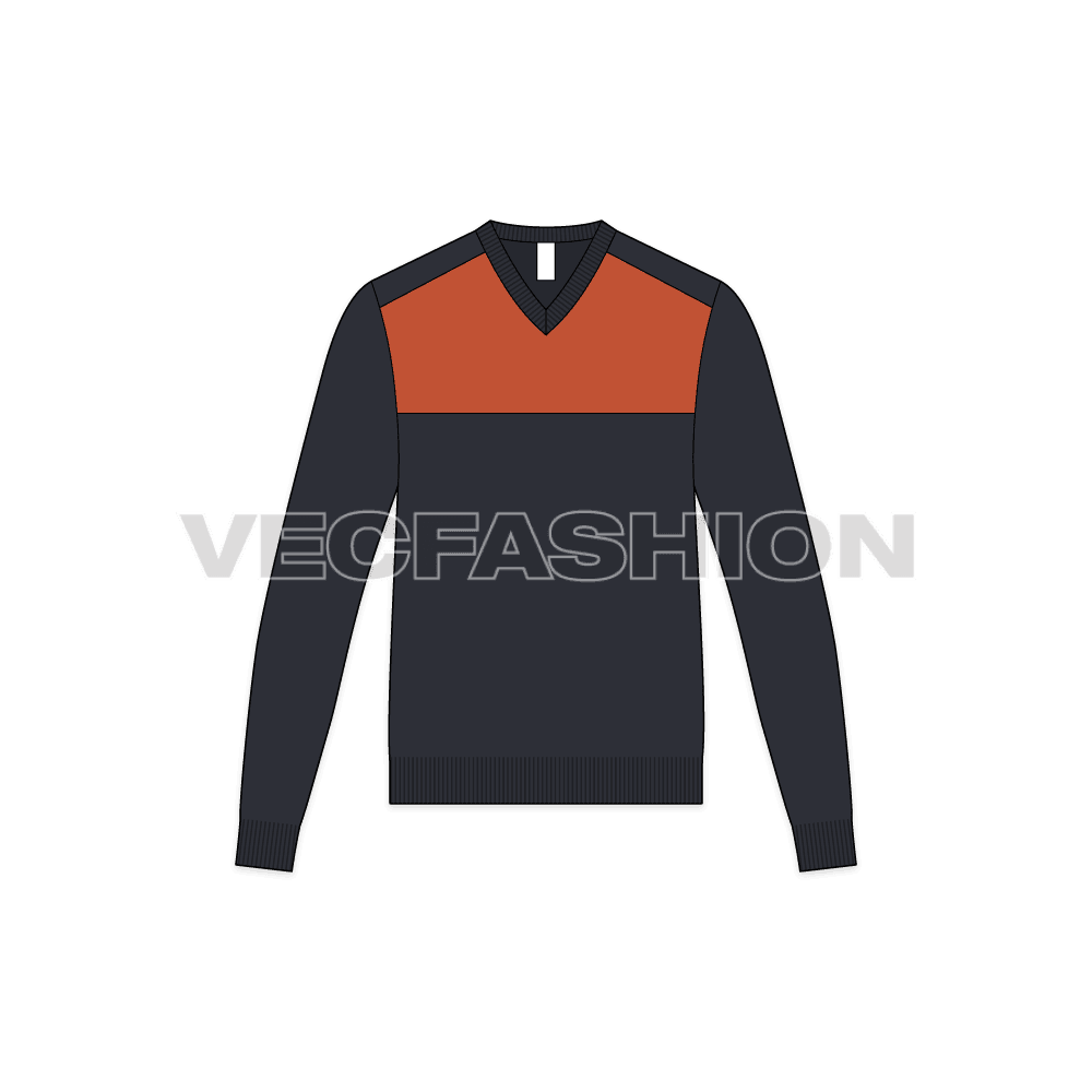 Mens color blocked v neck sweater flat sketch, front view