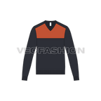 Mens color blocked v neck sweater flat sketch, front view