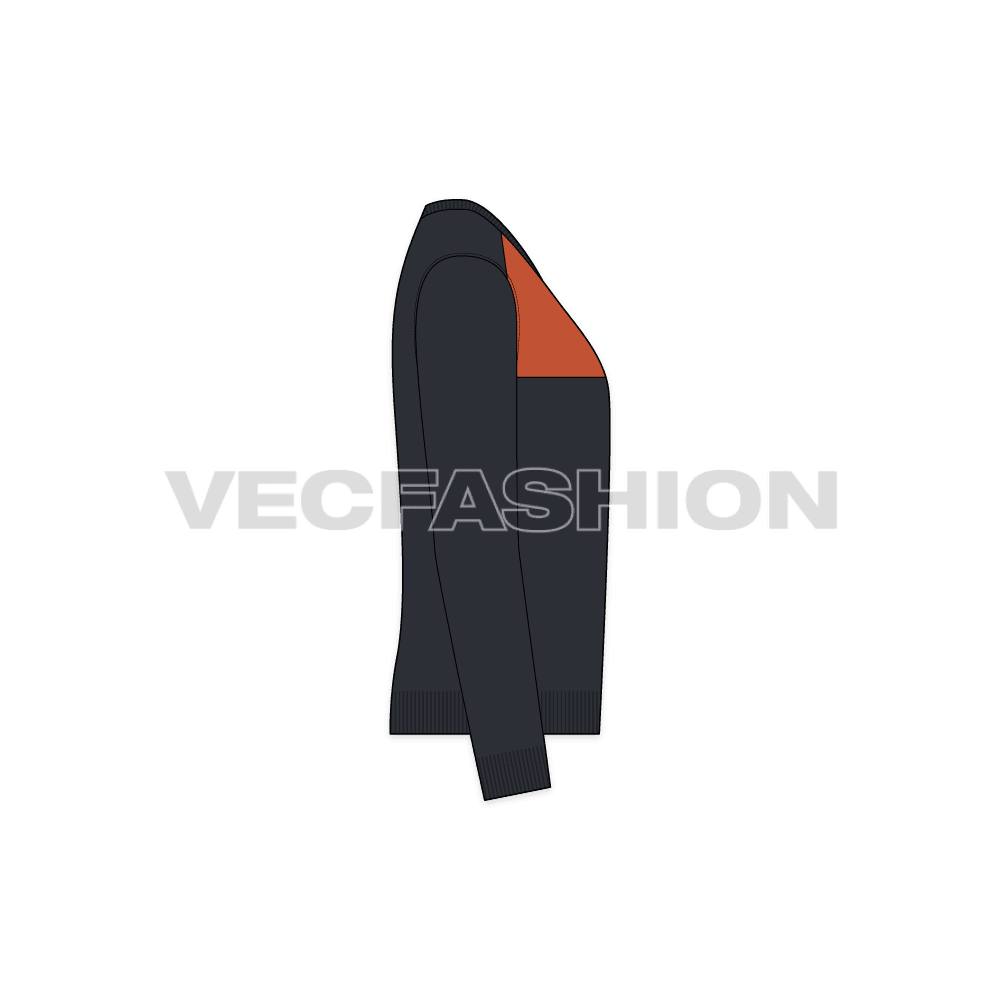Mens color blocked v neck sweater flat sketch, side view