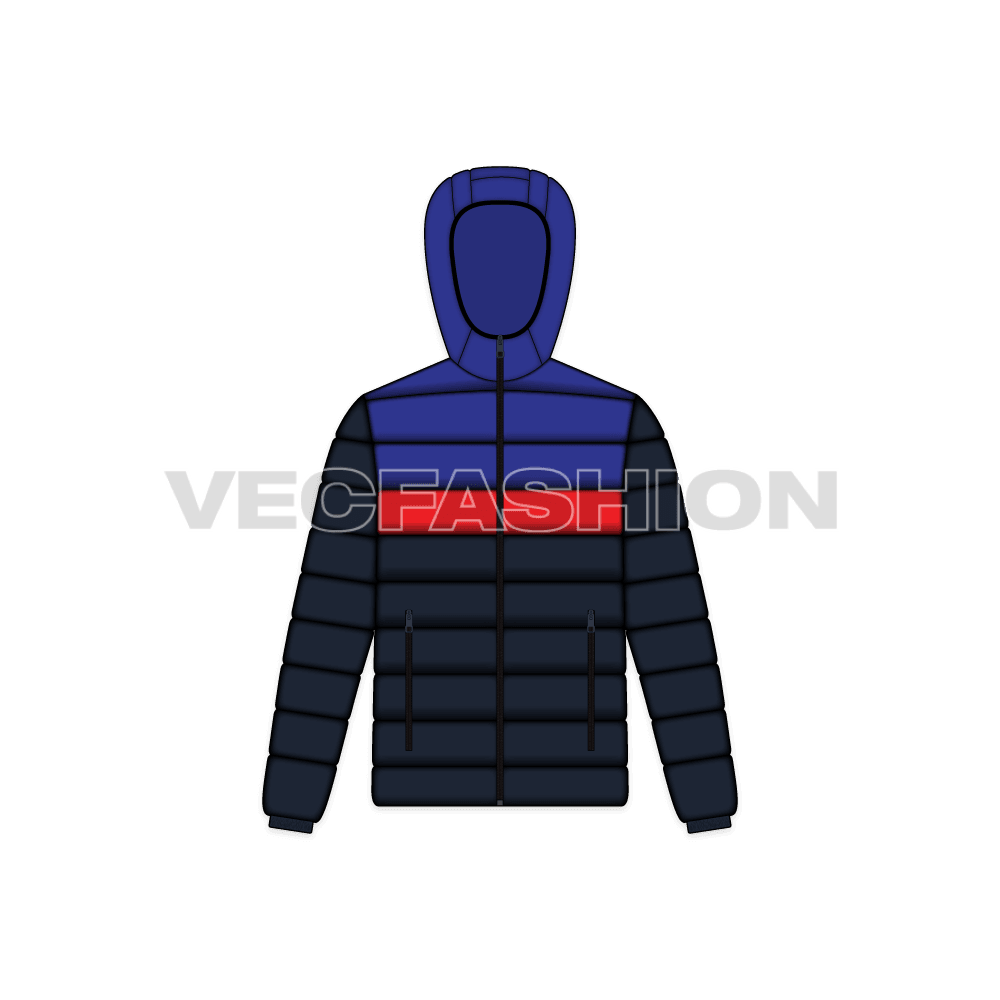Mens Contrast Panels Down Jacket flat sketch, front view