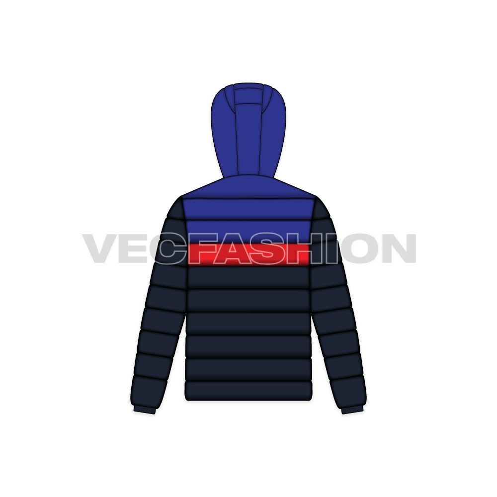 Mens Contrast Panels Down Jacket flat sketch, back view