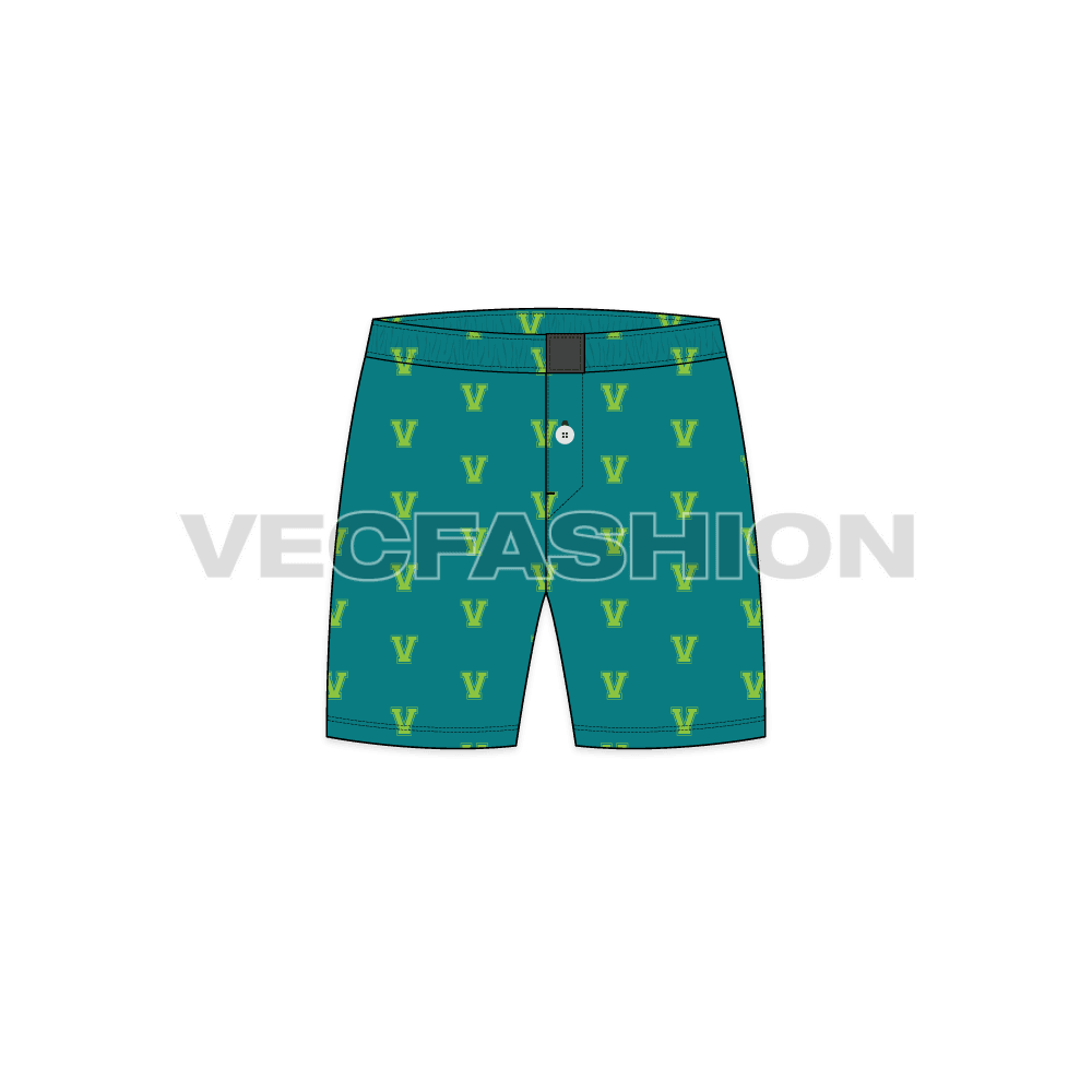 Mens cotton boxer shorts, running print flat sketch, front view