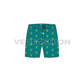 Mens cotton boxer shorts, running print flat sketch, front view