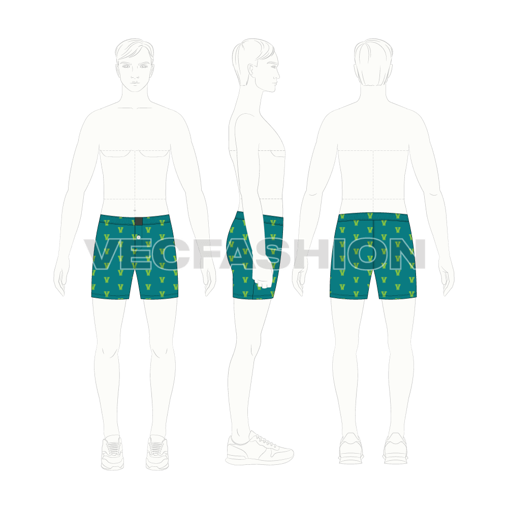 Mens cotton boxer shorts, running print flat sketch, croqui sketch