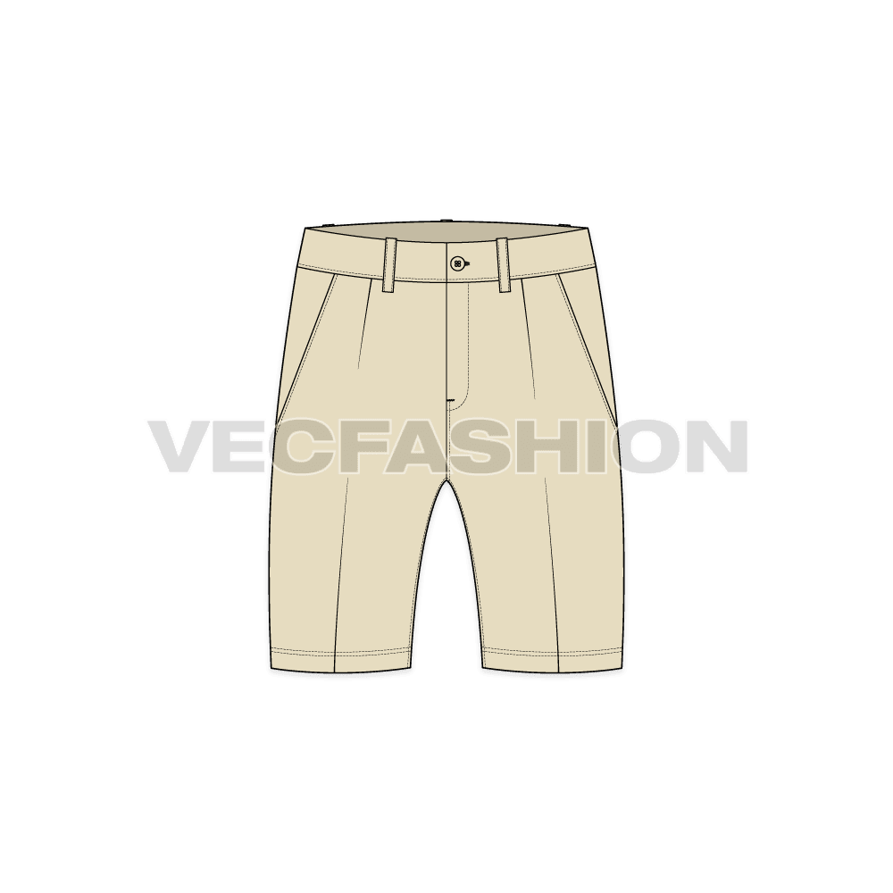 Mens cotton shorts mid-thigh length flat sketch, front view