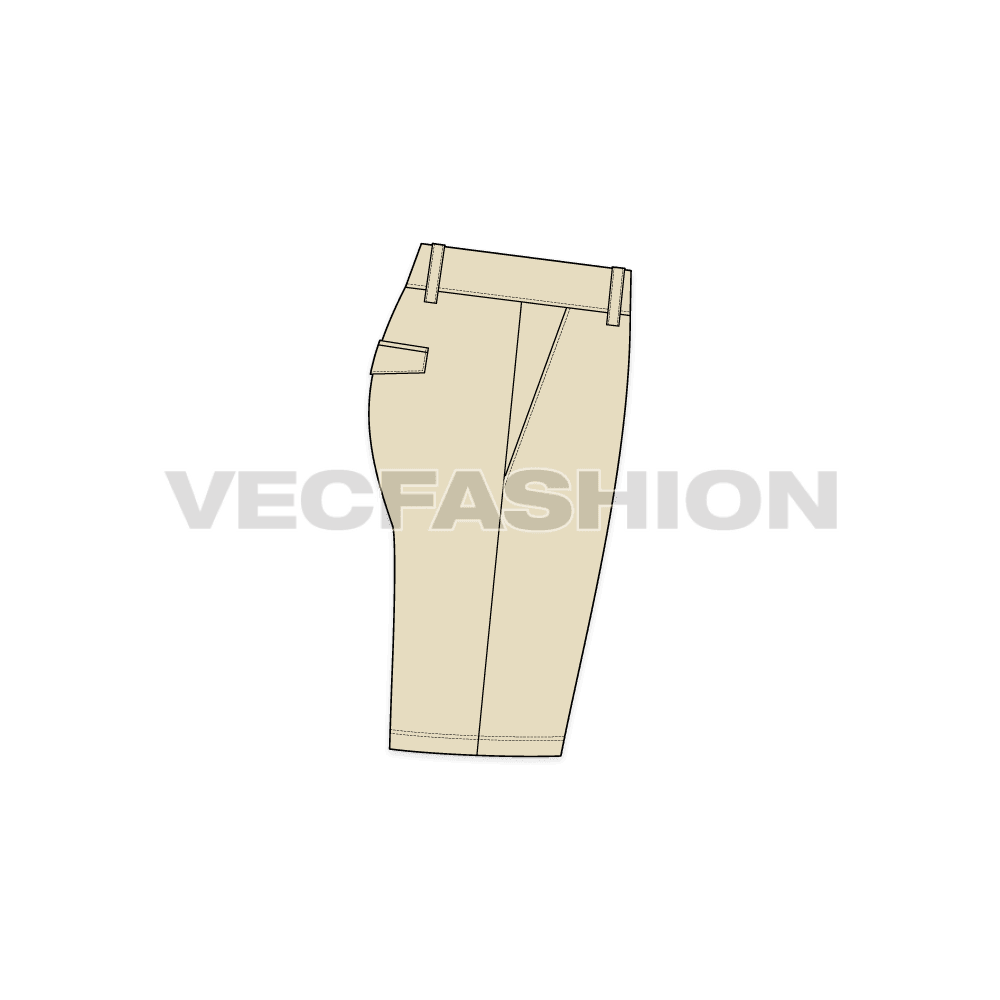 Mens cotton shorts mid-thigh length flat sketch, side view