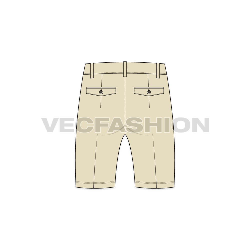 Mens cotton shorts mid-thigh length flat sketch, back view