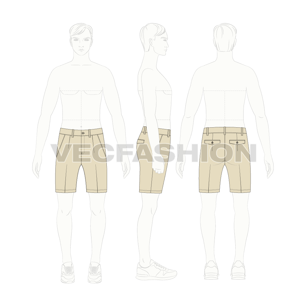 Mens cotton shorts mid-thigh length flat sketch, croqui sketch