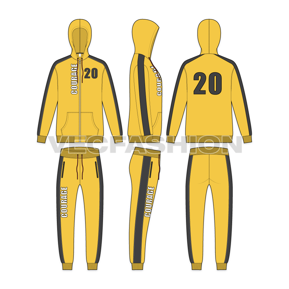 Mens courage tracksuit flat sketch, showing all views, front, side and back