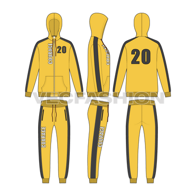 Mens courage tracksuit flat sketch, showing all views, front, side and back