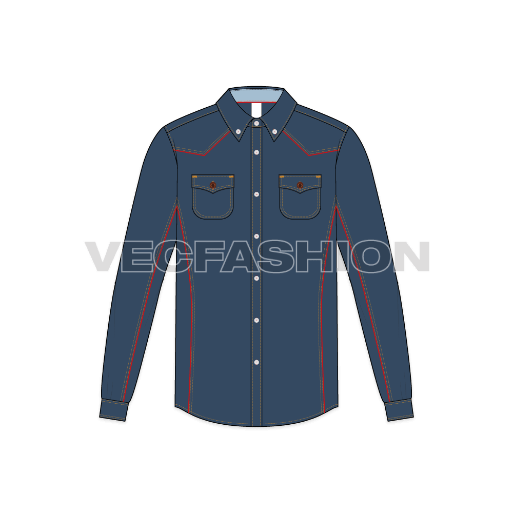 Mens cowboy denim shirt flat sketch, front view