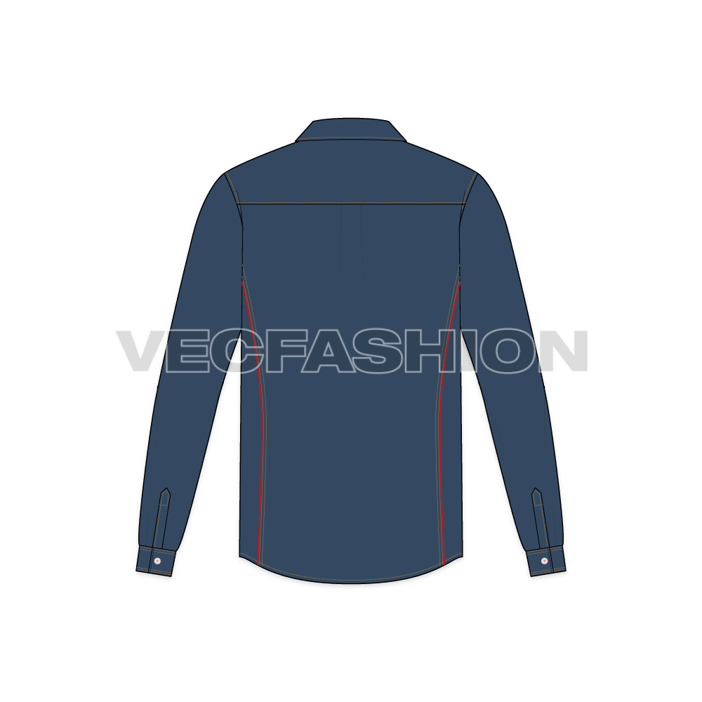 Mens cowboy denim shirt flat sketch, back view