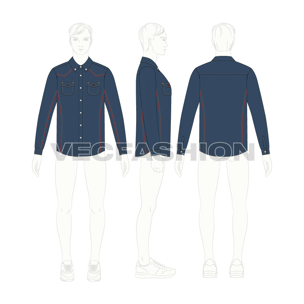Mens cowboy denim shirt flat sketch, croqui sketch
