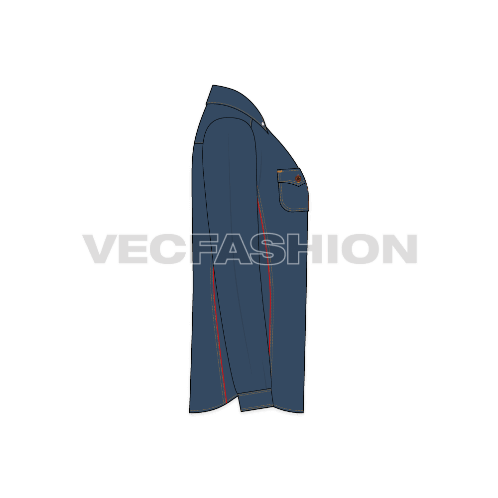 Mens cowboy denim shirt flat sketch, side view