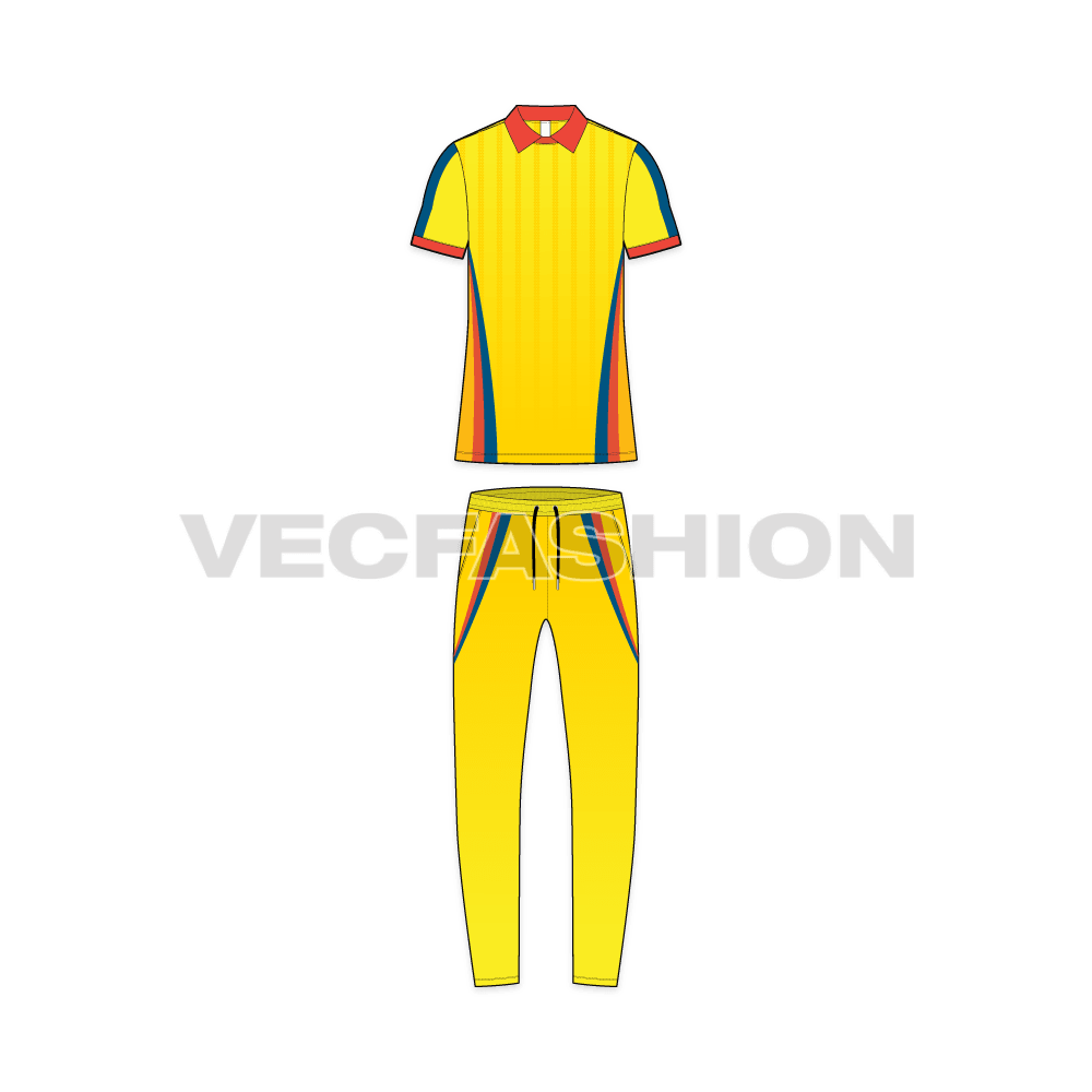 Mens cricket uniform kit, cad flat sketch, front view