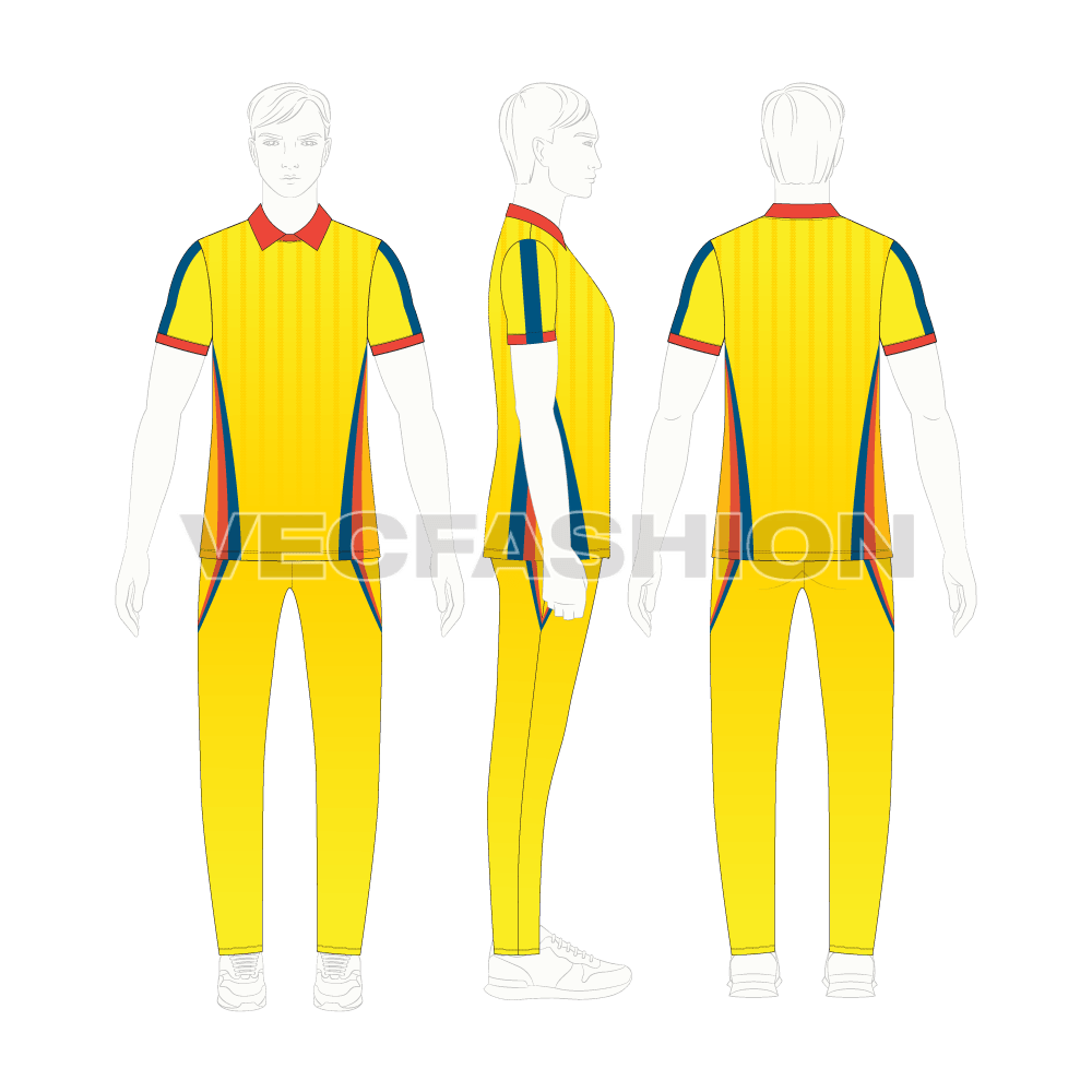 Mens cricket uniform kit, cad flat sketch, croqui sketch