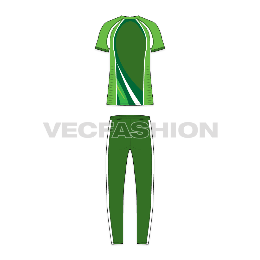 Mens cricket uniform kit, raglan sleeve flat sketch, back view