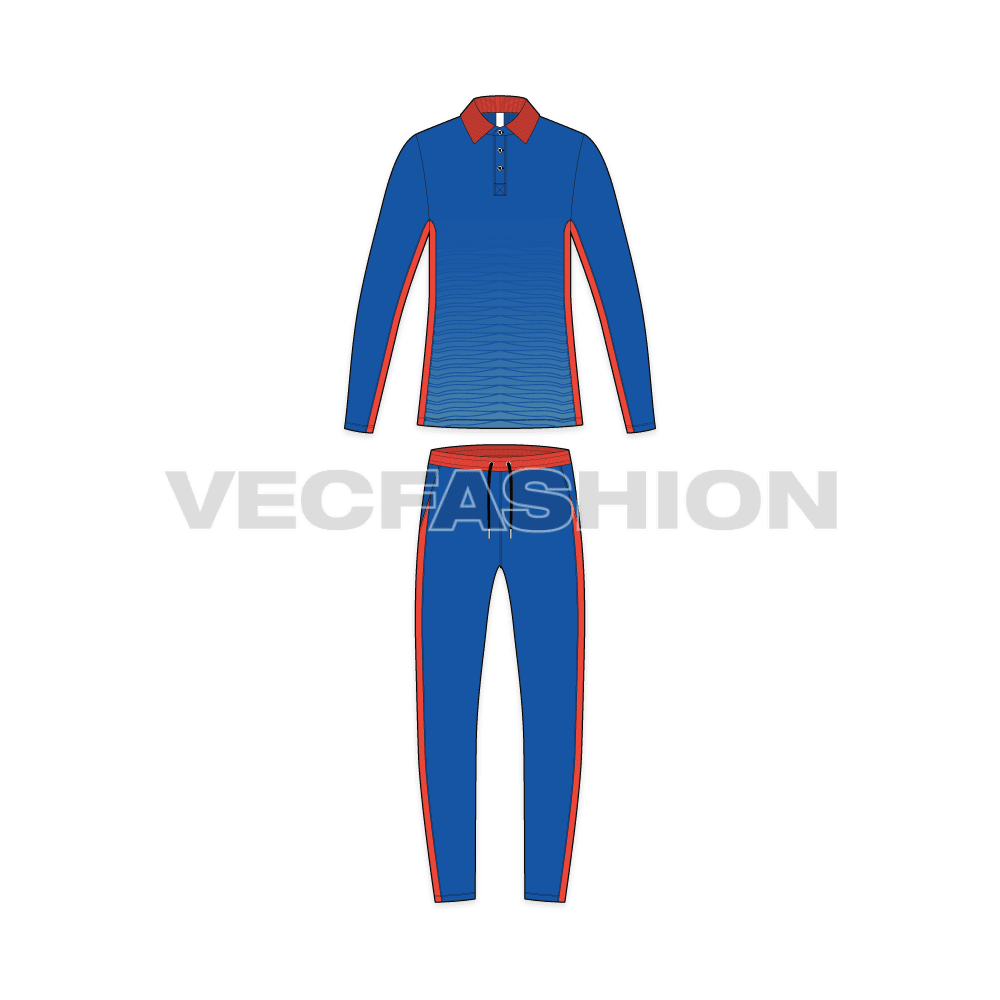 Mens cricket uniform kit, full length flat sketch, front view