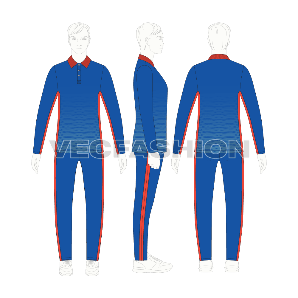 Mens cricket uniform kit, full length flat sketch, croqui sketch