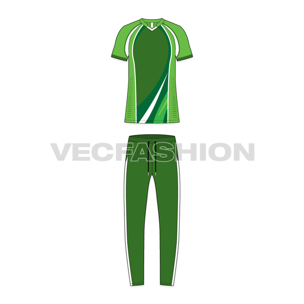 Mens cricket uniform kit, raglan sleeve flat sketch, front view