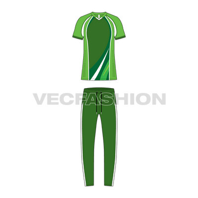 Mens cricket uniform kit, raglan sleeve flat sketch, front view