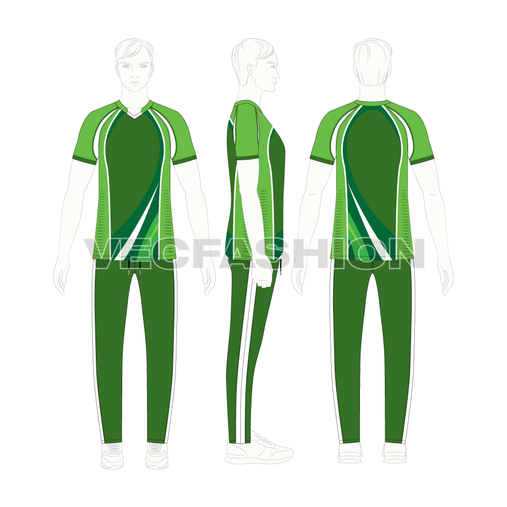 Mens cricket uniform kit, raglan sleeve flat sketch, croqui sketch