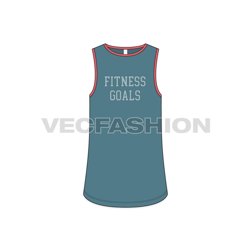 Mens curved hem gym tank flat sketch, front view