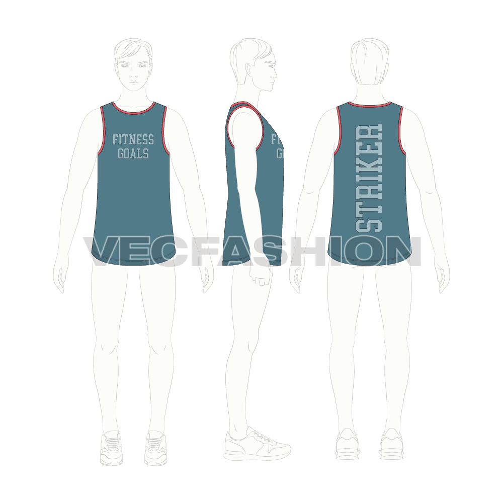 Mens curved hem gym tank flat sketch, croqui sketch