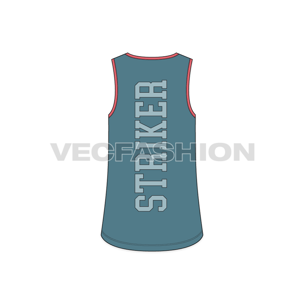 Mens curved hem gym tank flat sketch, back view
