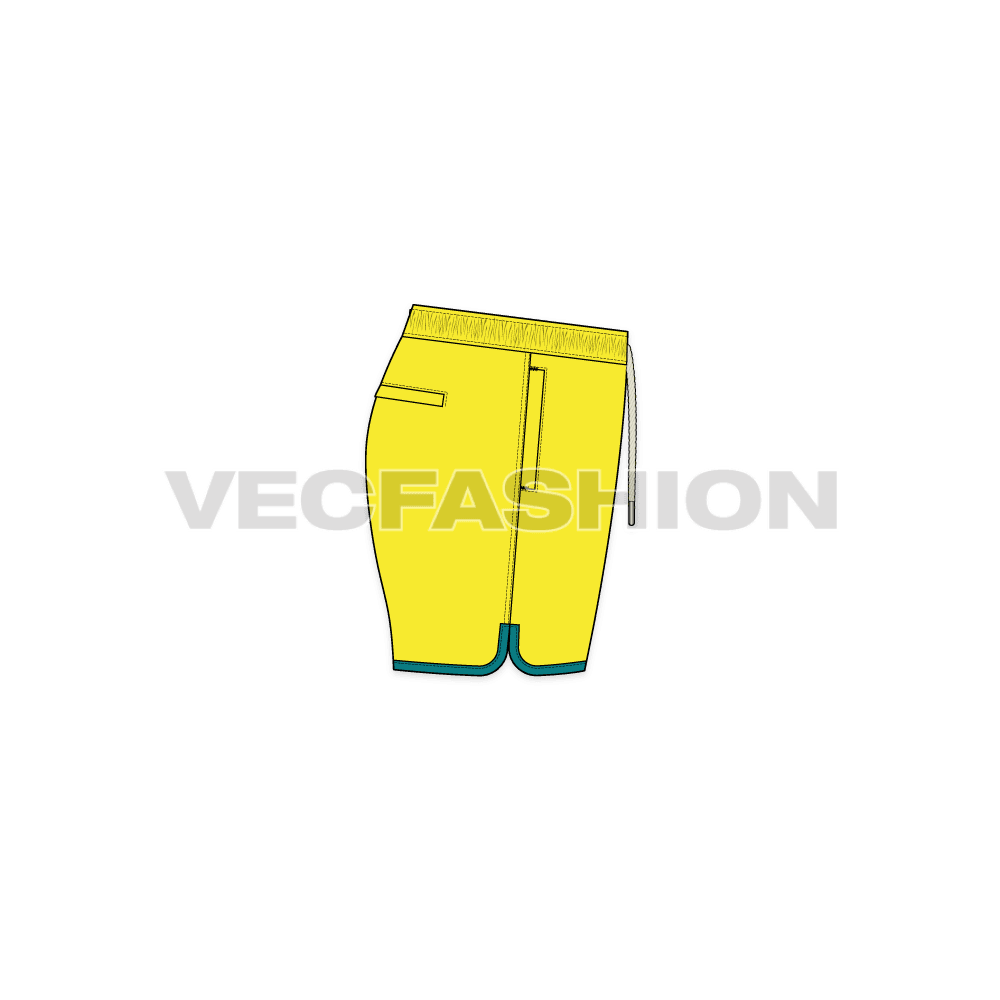 Mens curved hem swim shorts flat sketch, side view