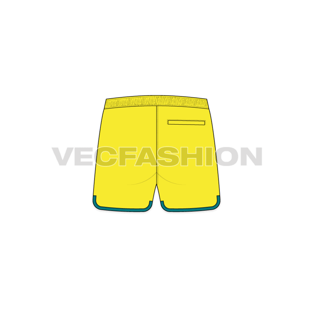 Mens curved hem swim shorts flat sketch, back view