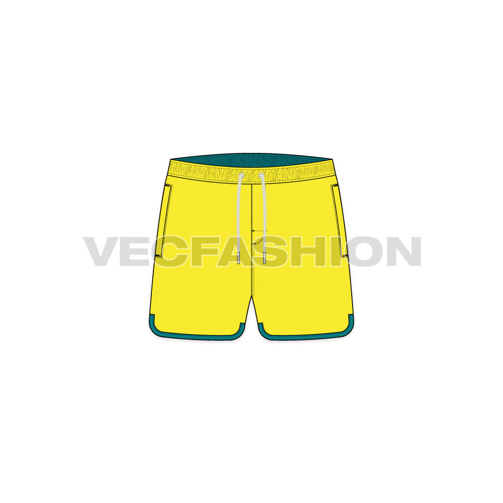 Mens curved hem swim shorts flat sketch, front view