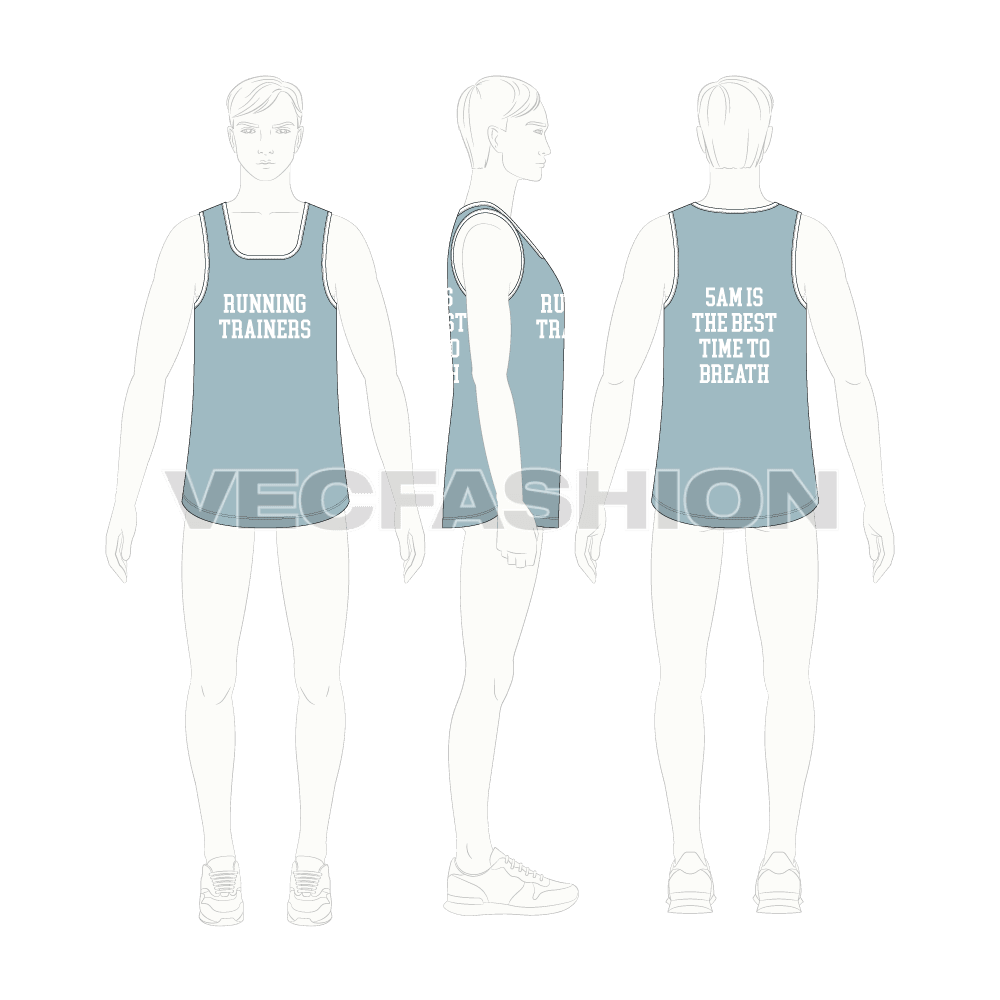 Mens curved hem workout top flat sketch, croqui sketch