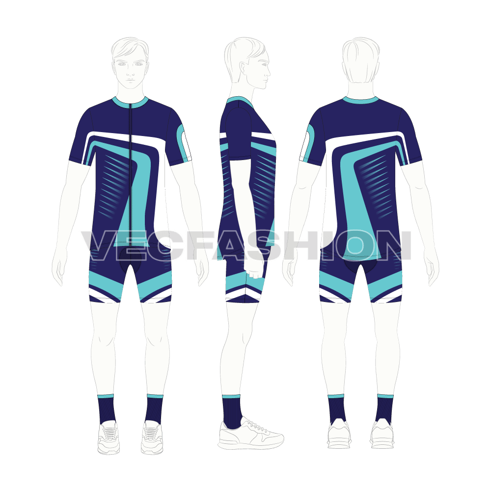 Mens cycling uniform kit, cad flat sketch, croqui sketch