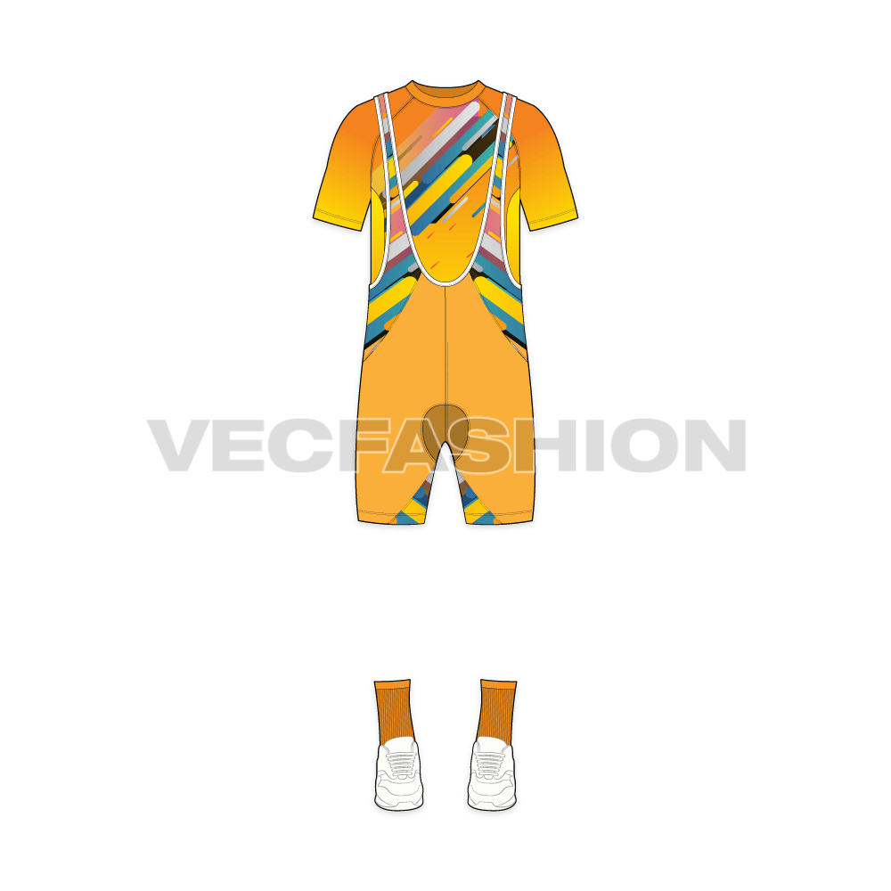 Mens cycling uniform kit, apparel flat sketch, front view