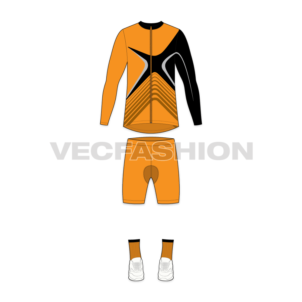 Mens cycling uniform kit, team flat sketch, front view