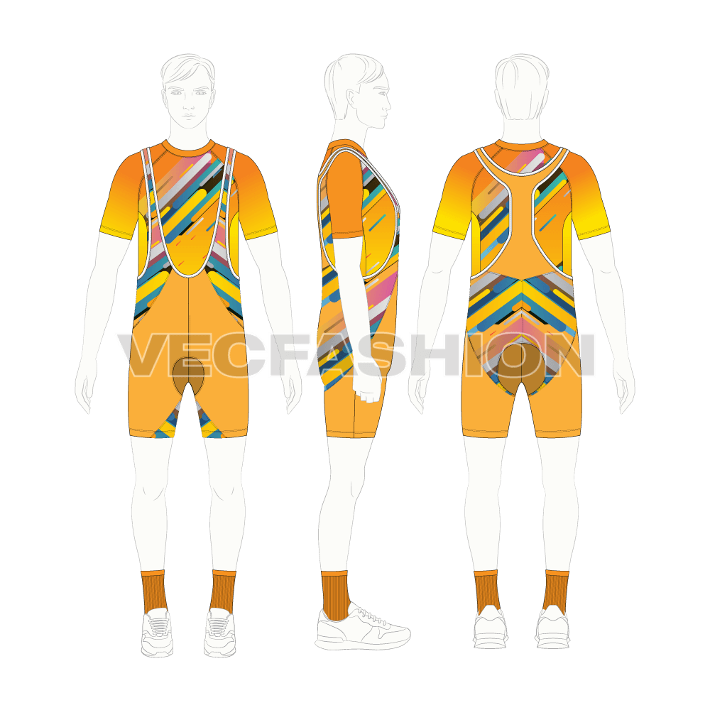 Mens cycling uniform kit, apparel flat sketch, croqui sketch