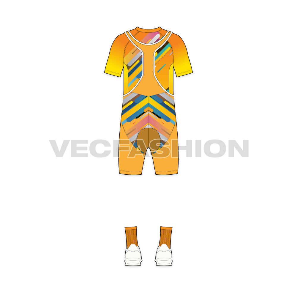 Mens cycling uniform kit, apparel flat sketch, back view