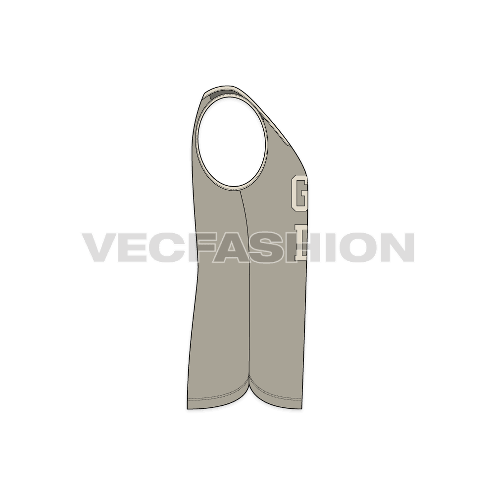 Mens deep square neck gym tank flat sketch, side view