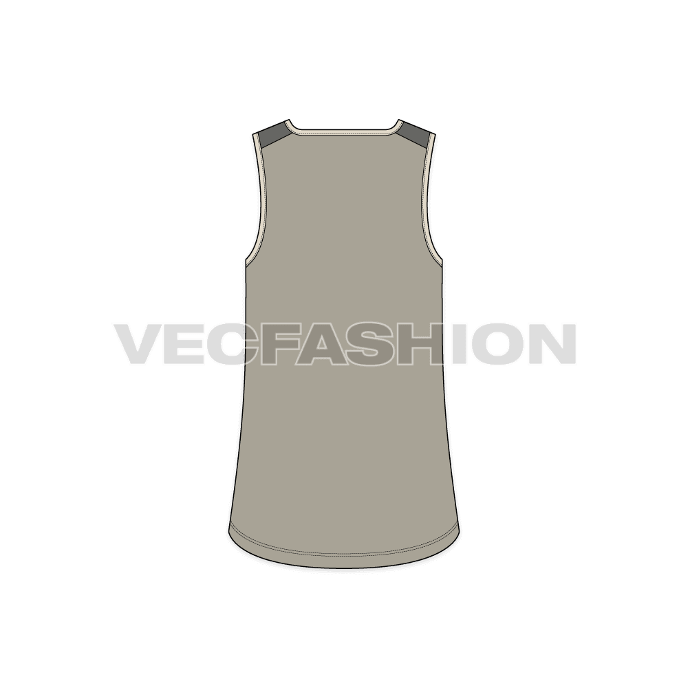 Mens deep square neck gym tank flat sketch, back view