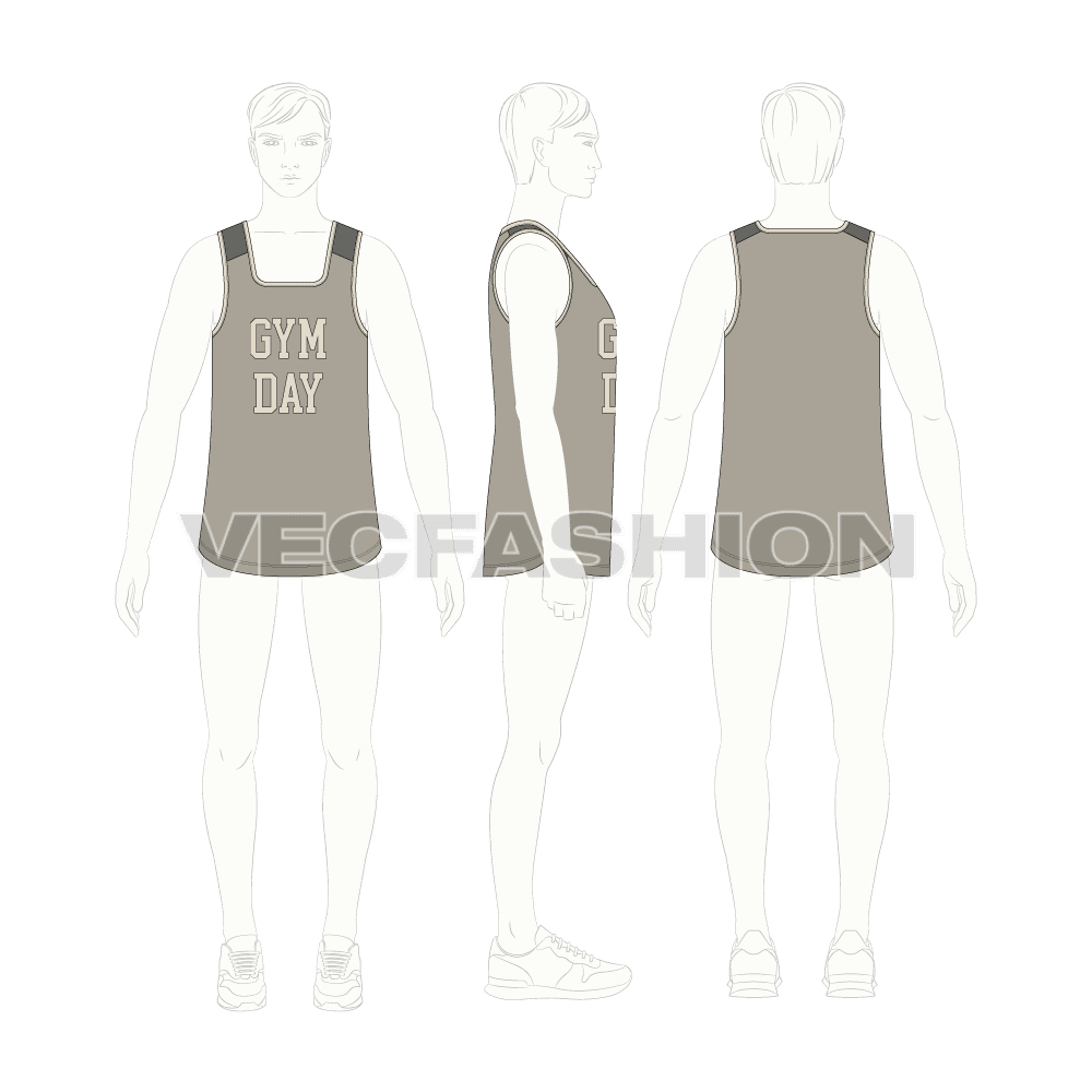 Mens deep square neck gym tank flat sketch, croqui sketch