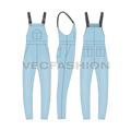 Mens denim dungaree flat sketch, showing all views, front, side and back