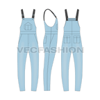 Mens denim dungaree flat sketch, showing all views, front, side and back
