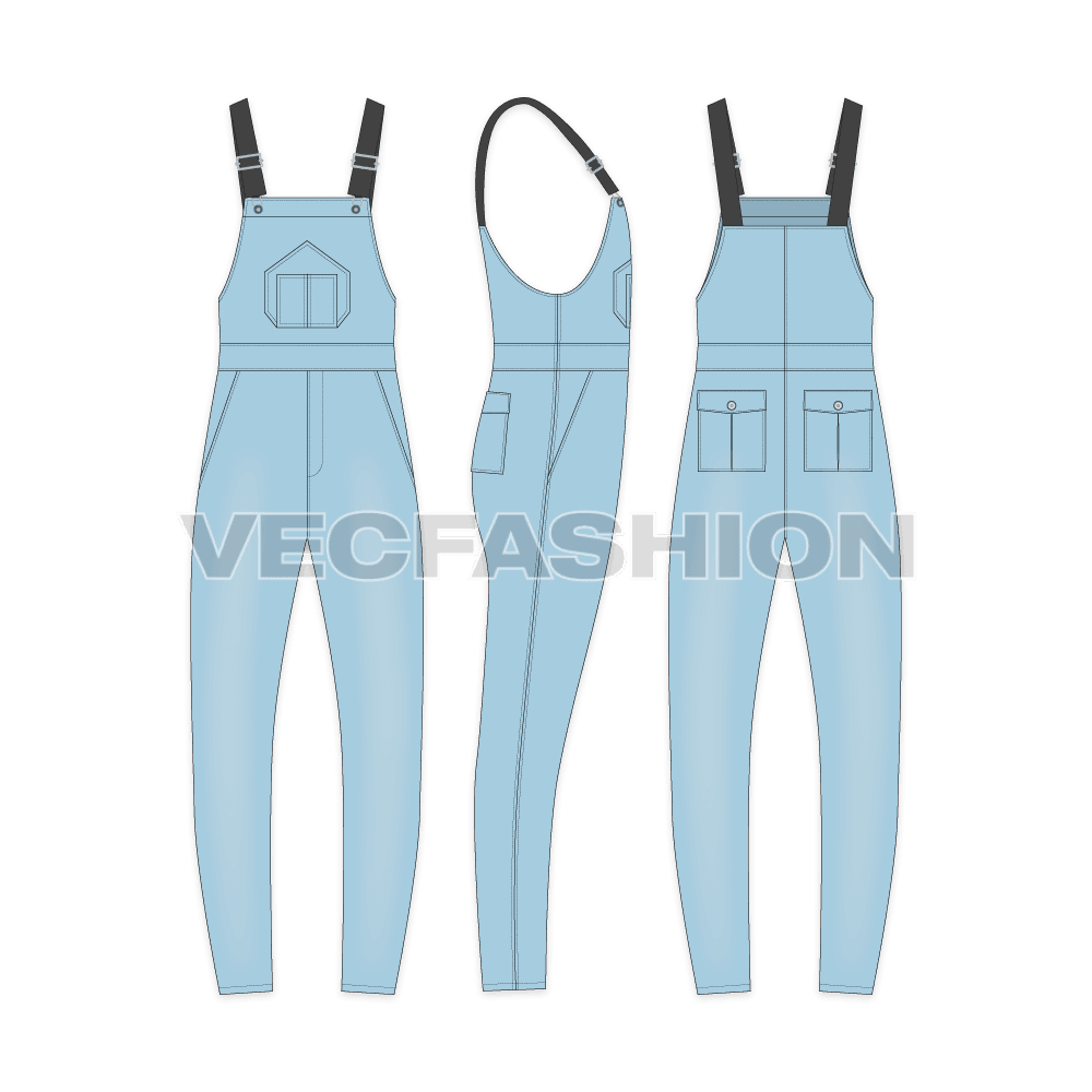 Mens denim dungaree flat sketch, showing all views, front, side and back