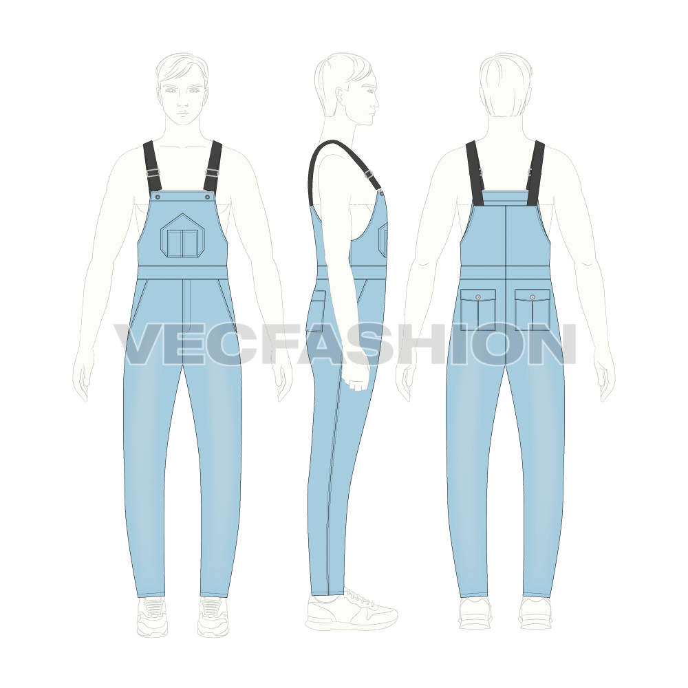 Mens denim dungaree flat sketch, on croqui