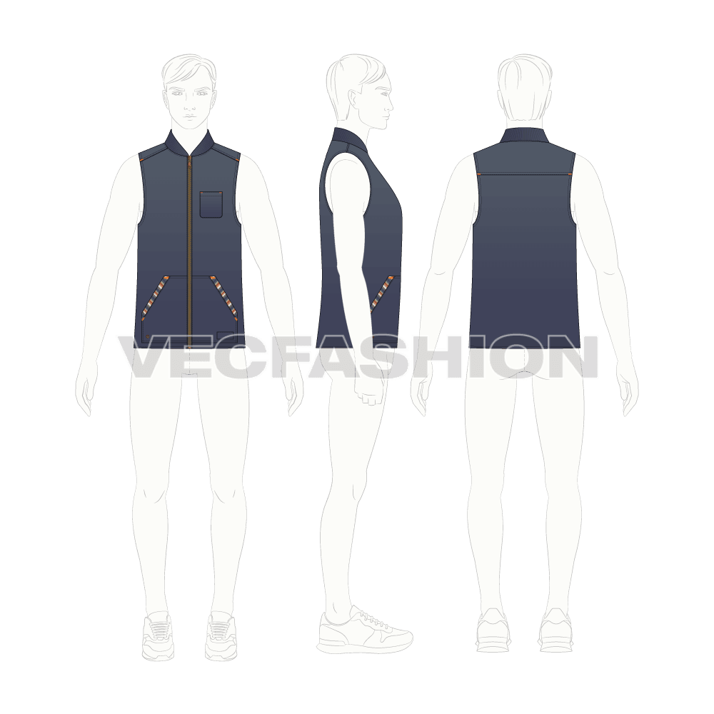 Mens denim vest fashion flat flat sketch, croqui sketch