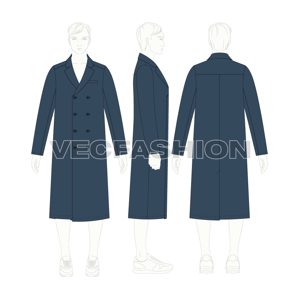 Double Breasted Overcoat Mens flat sketch, croqui sketch