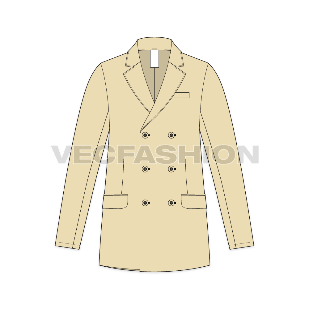 Mens Double Breasted Coat flat sketch, front view